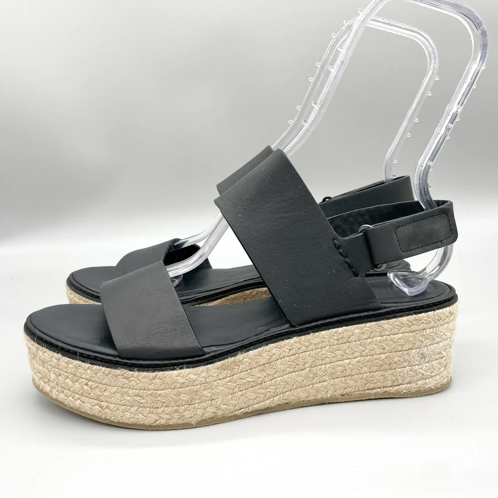 Vince Womens 10M Janet Espadrille Platform Sandals Black Leather Jute Wedge Boho